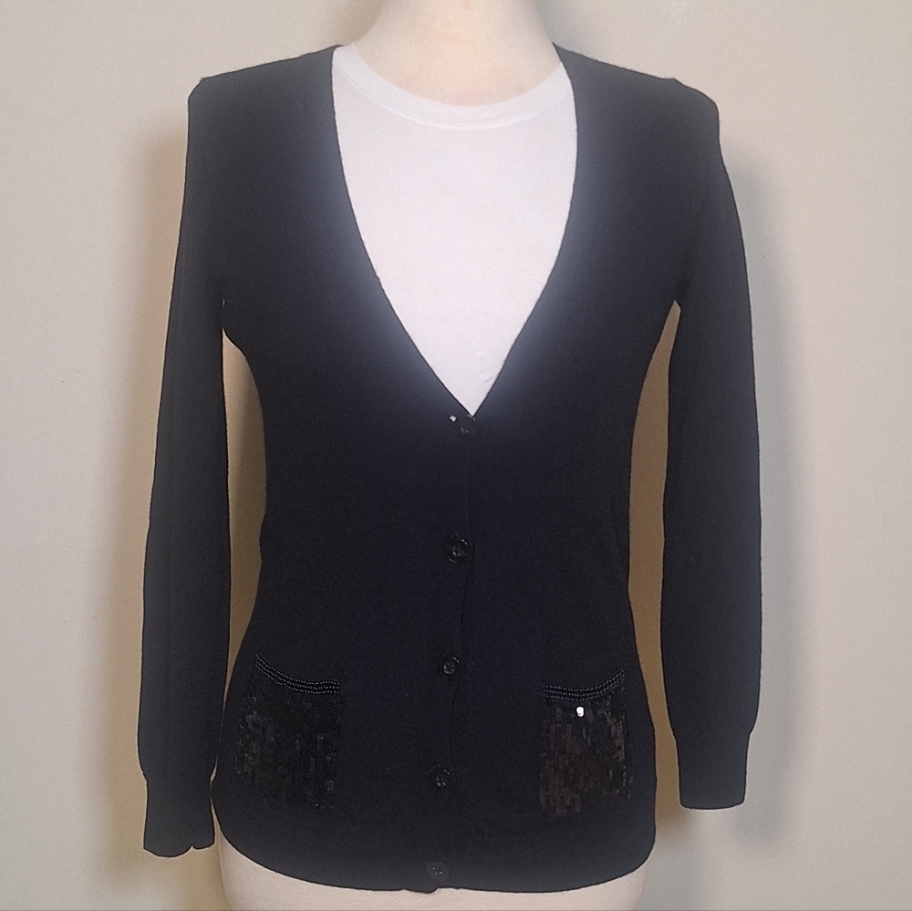 J. Crew Y2K V-neck 100% Merino Wool Sequin Patch Pocket Cardigan Sweater Size S